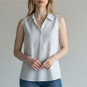 Anne Klein Blue and White Striped Sleeveless Blouse